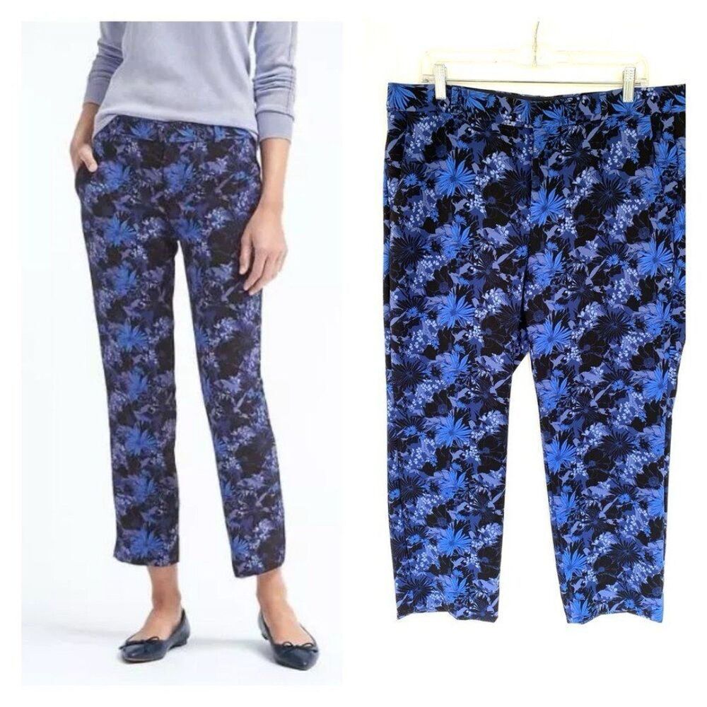 Banana Republic Avery Floral Ankle Pants Navy Blue Size 14 Stretch